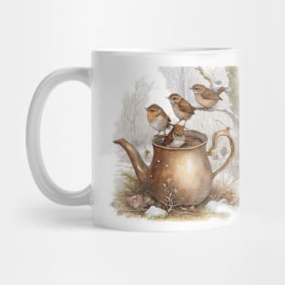 4 wrens sitting and a  tea pot Mug